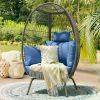 Wicker Egg Chairs Outdoor Indoor, Oversized 370lbs Capacity Large Egg Chairs Stand Cushion Egg Basket Chair for Patio,Steelblue