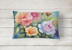 Flowers in Watercolor Throw Pillow Throw Pillow for Indoor Couch Bed Outdoor Patio Washable, Roses 1608,12Hx16W