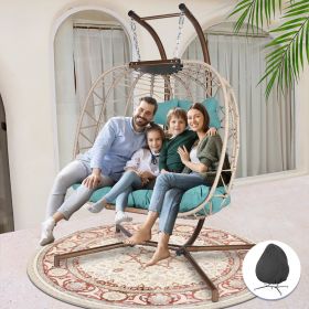 Double Swing Egg Chair with Stand Large 2 Person Indoor Outdoor Wicker Patio Twins Basket Hanging Chair (Color: Golden Turquoise)