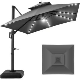 Patio Umbrella with Solar LED Lights, 10x10ft 2-Tier Square Cantilever, Fillable Base, 360 Rotation, Outdoor Sun Umbrella (Color: Gray)