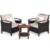 3 Pieces Patio Rattan Furniture Set with Washable Cushion and Acacia Wood Tabletop